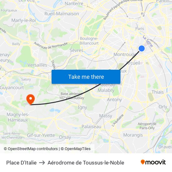Place D'Italie to Aérodrome de Toussus-le-Noble map