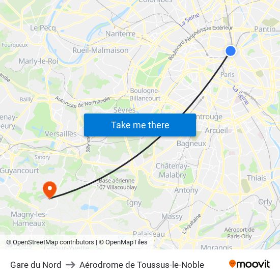 Gare du Nord to Aérodrome de Toussus-le-Noble map