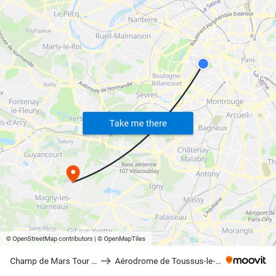 Champ de Mars Tour Eiffel to Aérodrome de Toussus-le-Noble map