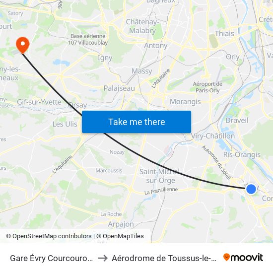 Gare Évry Courcouronnes to Aérodrome de Toussus-le-Noble map