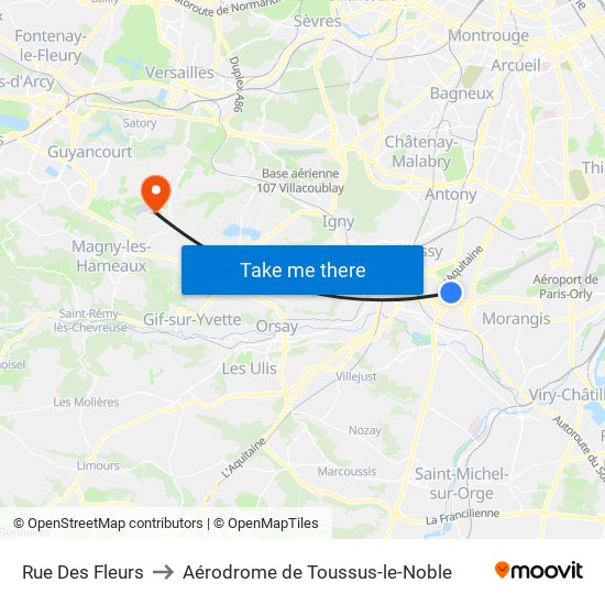 Rue Des Fleurs to Aérodrome de Toussus-le-Noble map