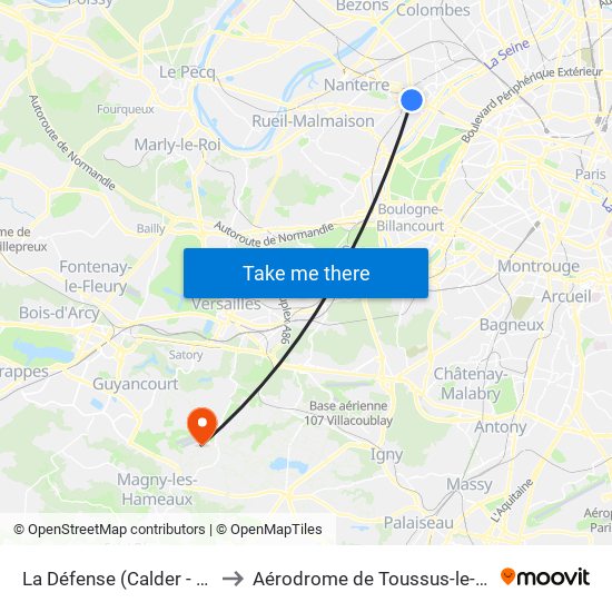 La Défense (Calder - Miro) to Aérodrome de Toussus-le-Noble map
