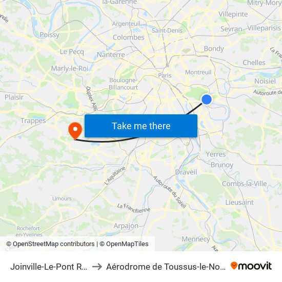 Joinville-Le-Pont RER to Aérodrome de Toussus-le-Noble map