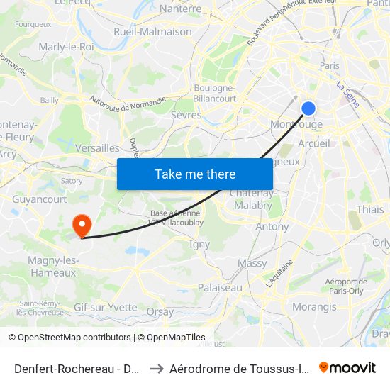 Denfert-Rochereau - Daguerre to Aérodrome de Toussus-le-Noble map