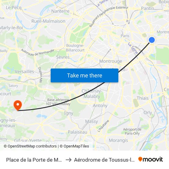 Place de la Porte de Montreuil to Aérodrome de Toussus-le-Noble map