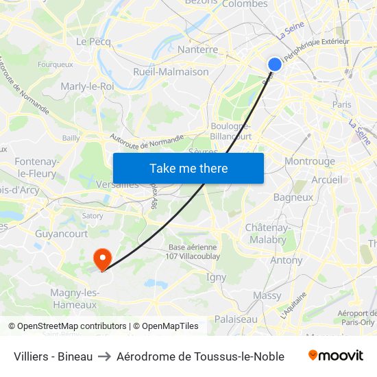 Villiers - Bineau to Aérodrome de Toussus-le-Noble map