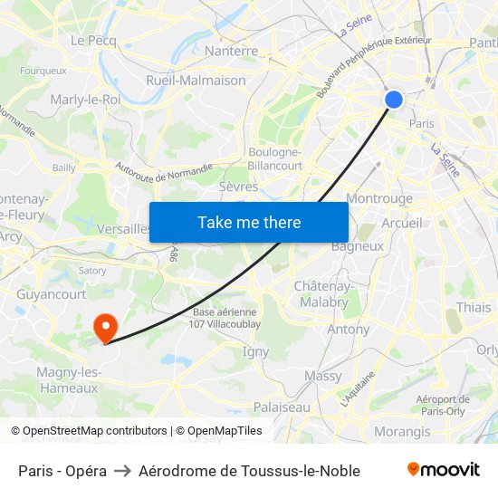 Paris - Opéra to Aérodrome de Toussus-le-Noble map