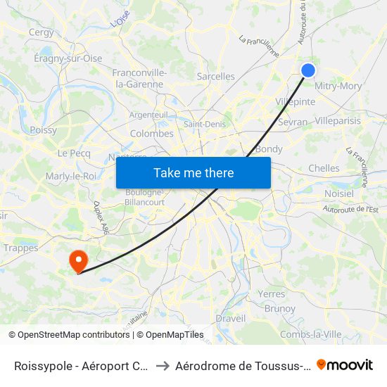 Roissypole - Aéroport Cdg1 (E2) to Aérodrome de Toussus-le-Noble map