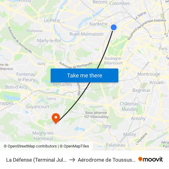 La Défense (Terminal Jules Verne) to Aérodrome de Toussus-le-Noble map