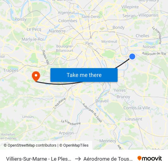 Villiers-Sur-Marne - Le Plessis-Trévise RER to Aérodrome de Toussus-le-Noble map