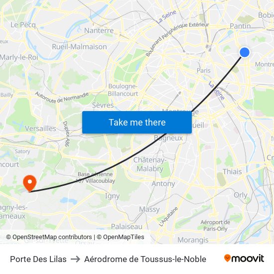 Porte Des Lilas to Aérodrome de Toussus-le-Noble map