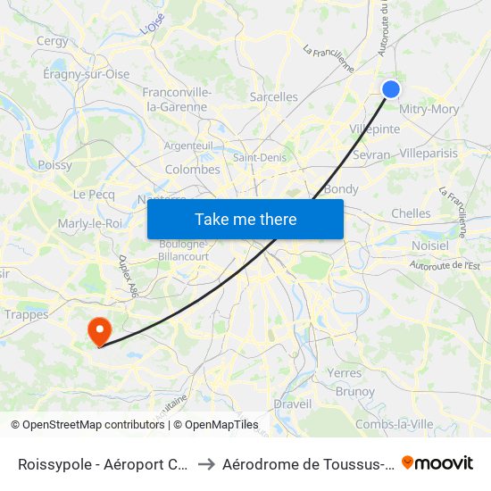 Roissypole - Aéroport Cdg1 (D1) to Aérodrome de Toussus-le-Noble map