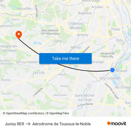 Juvisy RER to Aérodrome de Toussus-le-Noble map