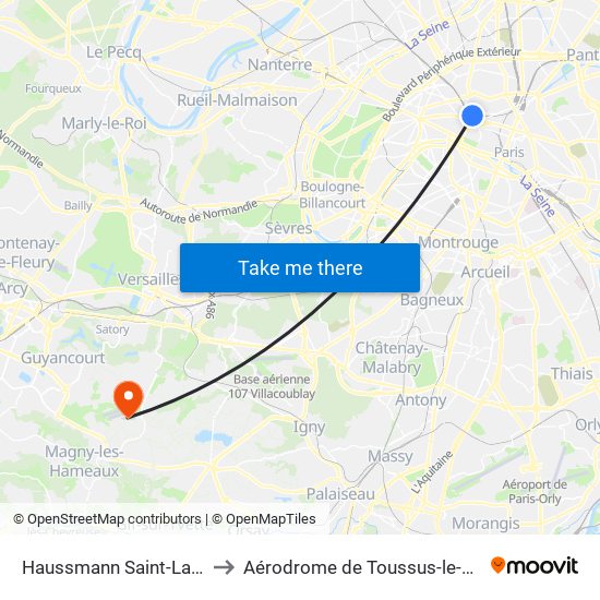 Haussmann Saint-Lazare to Aérodrome de Toussus-le-Noble map