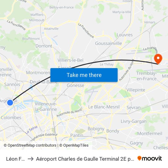 Léon Feix to Aéroport Charles de Gaulle Terminal 2E portes L map