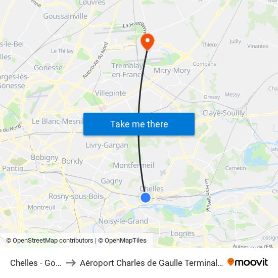Chelles - Gournay to Aéroport Charles de Gaulle Terminal 2E portes L map