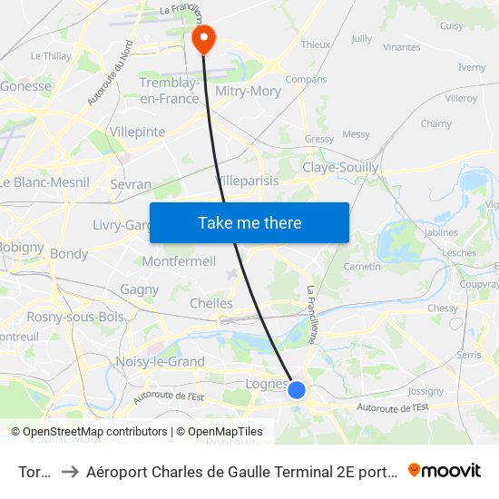 Torcy to Aéroport Charles de Gaulle Terminal 2E portes L map