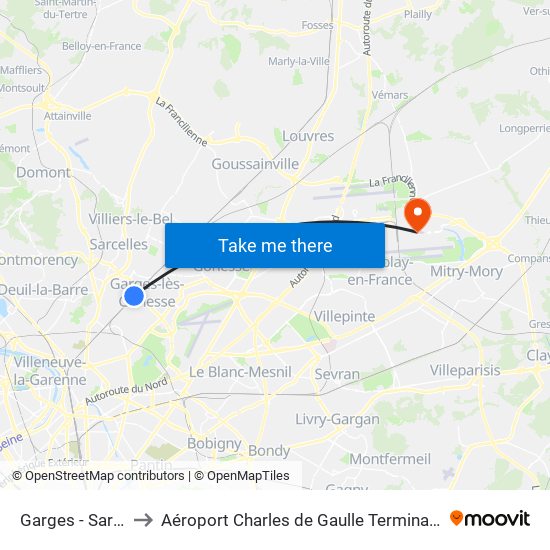 Garges - Sarcelles to Aéroport Charles de Gaulle Terminal 2E portes L map