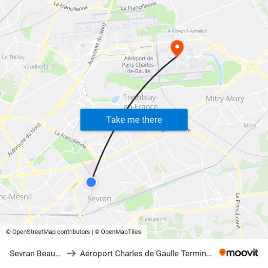 Sevran Beaudottes to Aéroport Charles de Gaulle Terminal 2E portes L map