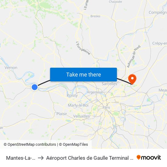 Mantes-La-Jolie to Aéroport Charles de Gaulle Terminal 2E portes L map