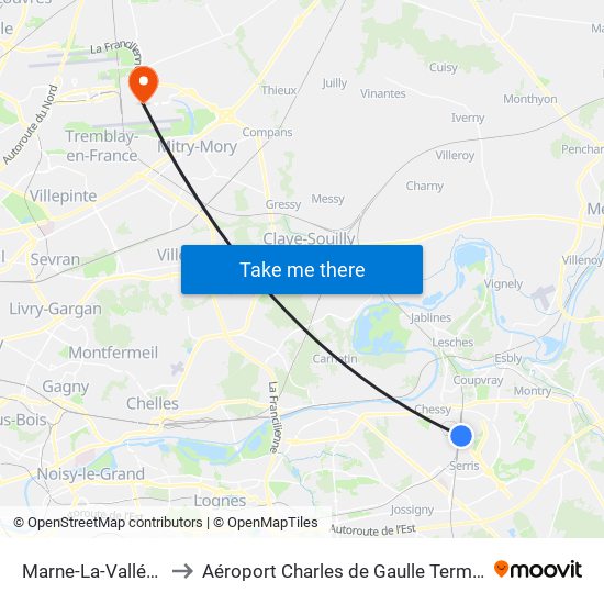 Marne-La-Vallée Chessy to Aéroport Charles de Gaulle Terminal 2E portes L map