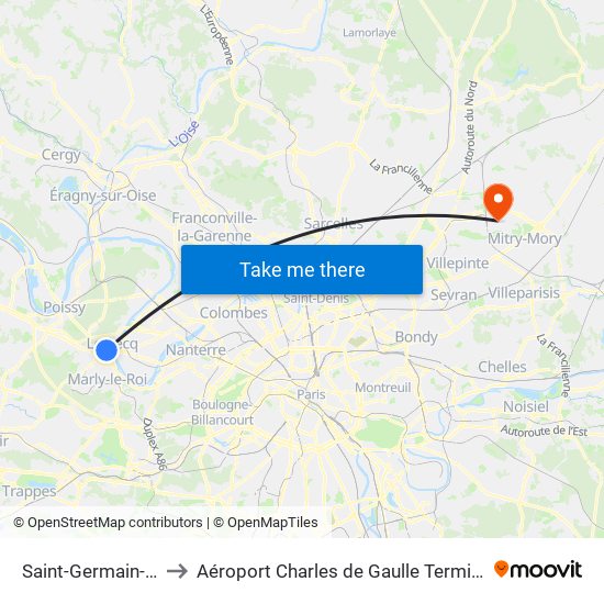Saint-Germain-En-Laye to Aéroport Charles de Gaulle Terminal 2E portes L map