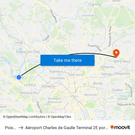 Poissy to Aéroport Charles de Gaulle Terminal 2E portes L map
