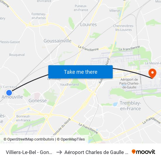 Villiers-Le-Bel - Gonesse - Arnouville to Aéroport Charles de Gaulle Terminal 2E portes L map