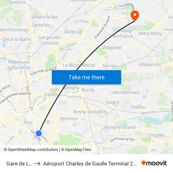 Gare de Lyon to Aéroport Charles de Gaulle Terminal 2E portes L map