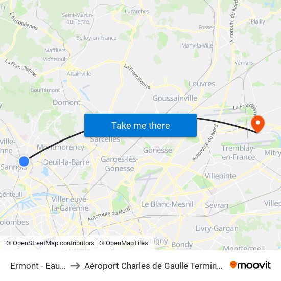 Ermont - Eaubonne to Aéroport Charles de Gaulle Terminal 2E portes L map