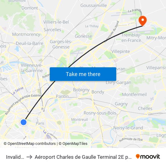 Invalides to Aéroport Charles de Gaulle Terminal 2E portes L map