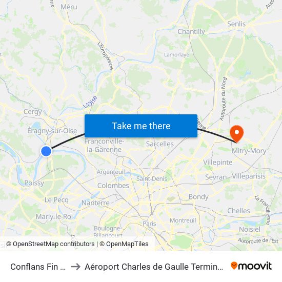 Conflans Fin D'Oise to Aéroport Charles de Gaulle Terminal 2E portes L map