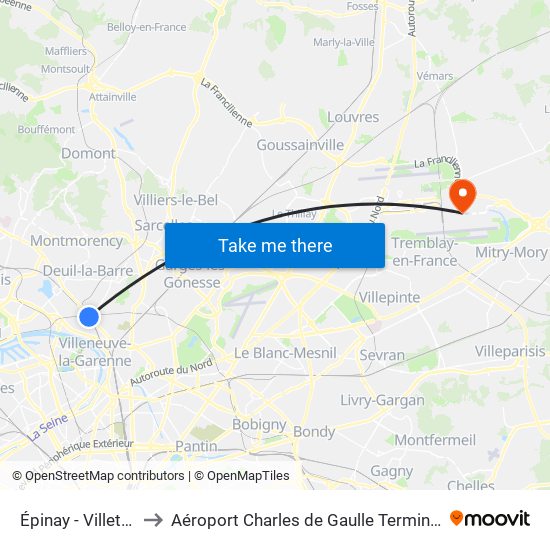 Épinay - Villetaneuse to Aéroport Charles de Gaulle Terminal 2E portes L map