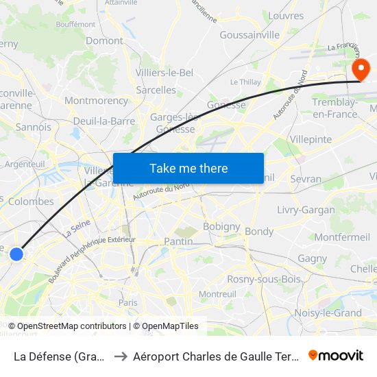 La Défense (Grande Arche) to Aéroport Charles de Gaulle Terminal 2E portes L map
