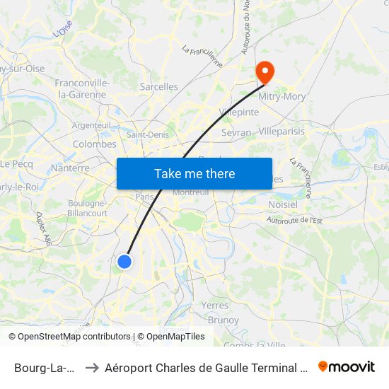 Bourg-La-Reine to Aéroport Charles de Gaulle Terminal 2E portes L map