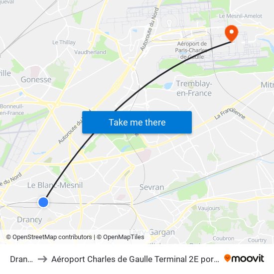 Drancy to Aéroport Charles de Gaulle Terminal 2E portes L map