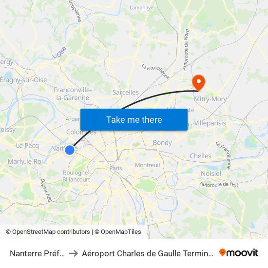 Nanterre Préfecture to Aéroport Charles de Gaulle Terminal 2E portes L map