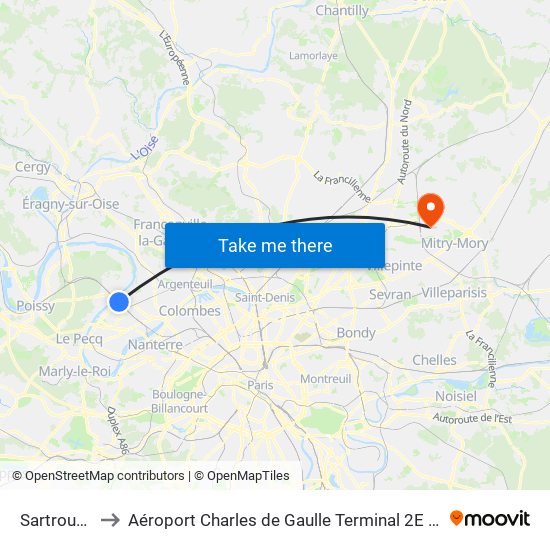 Sartrouville to Aéroport Charles de Gaulle Terminal 2E portes L map