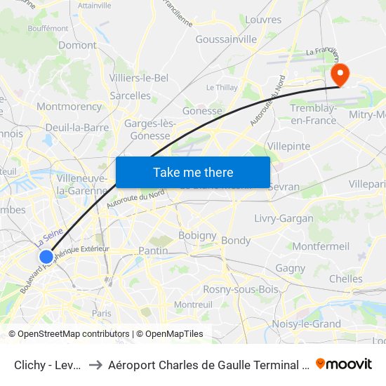 Clichy - Levallois to Aéroport Charles de Gaulle Terminal 2E portes L map