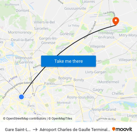 Gare Saint-Lazare to Aéroport Charles de Gaulle Terminal 2E portes L map