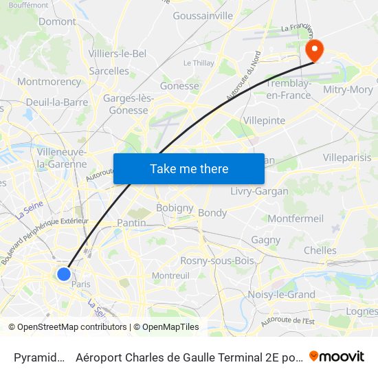 Pyramides to Aéroport Charles de Gaulle Terminal 2E portes L map