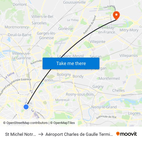 St Michel Notre Dame to Aéroport Charles de Gaulle Terminal 2E portes L map