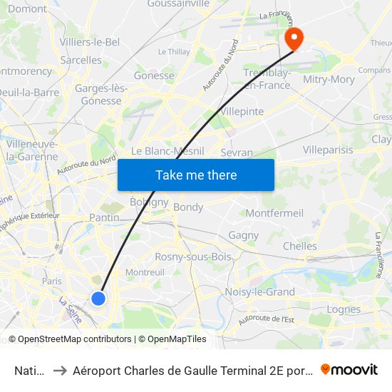 Nation to Aéroport Charles de Gaulle Terminal 2E portes L map