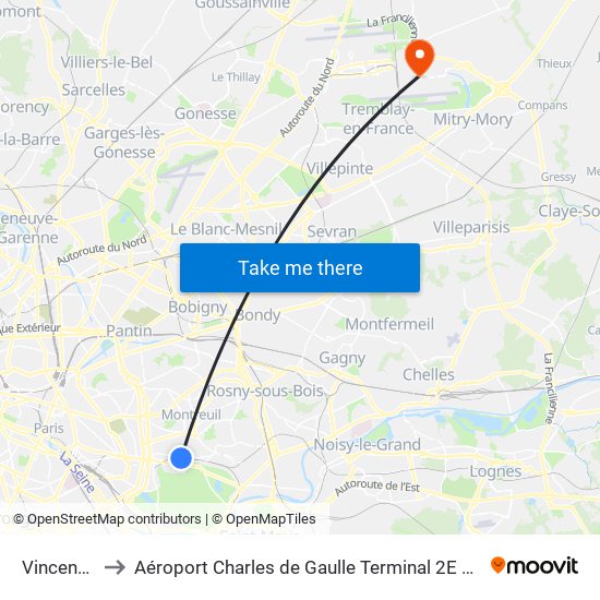 Vincennes to Aéroport Charles de Gaulle Terminal 2E portes L map