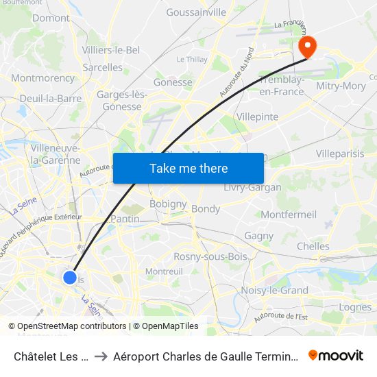 Châtelet Les Halles to Aéroport Charles de Gaulle Terminal 2E portes L map