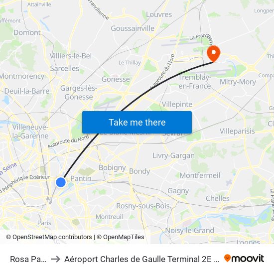 Rosa Parks to Aéroport Charles de Gaulle Terminal 2E portes L map