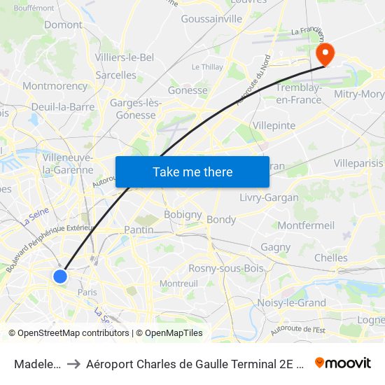 Madeleine to Aéroport Charles de Gaulle Terminal 2E portes L map