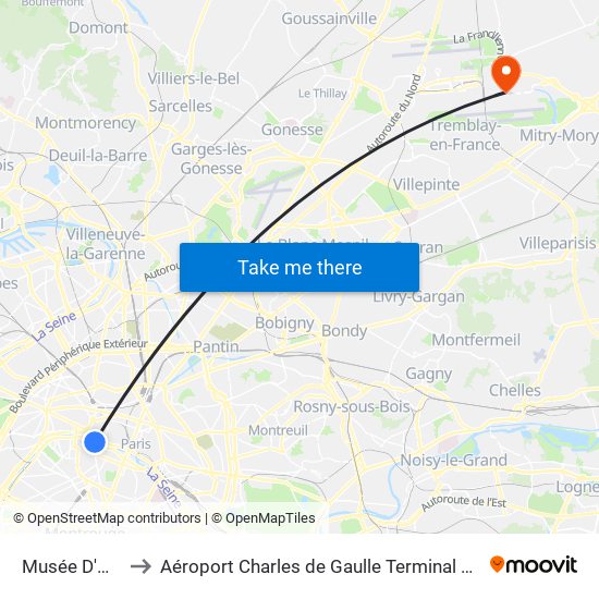Musée D'Orsay to Aéroport Charles de Gaulle Terminal 2E portes L map