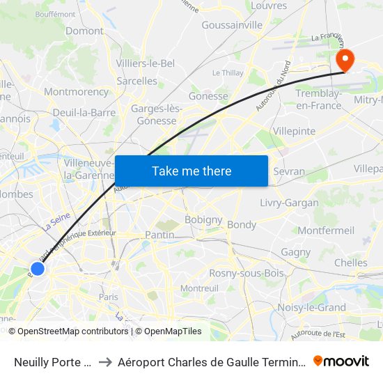 Neuilly Porte Maillot to Aéroport Charles de Gaulle Terminal 2E portes L map
