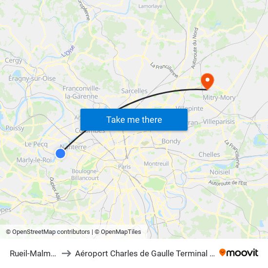 Rueil-Malmaison to Aéroport Charles de Gaulle Terminal 2E portes L map